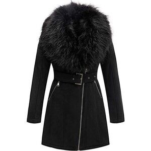 Women's Faux Leather Trench Coat Fleece Jacket with Detachable Fur Collar